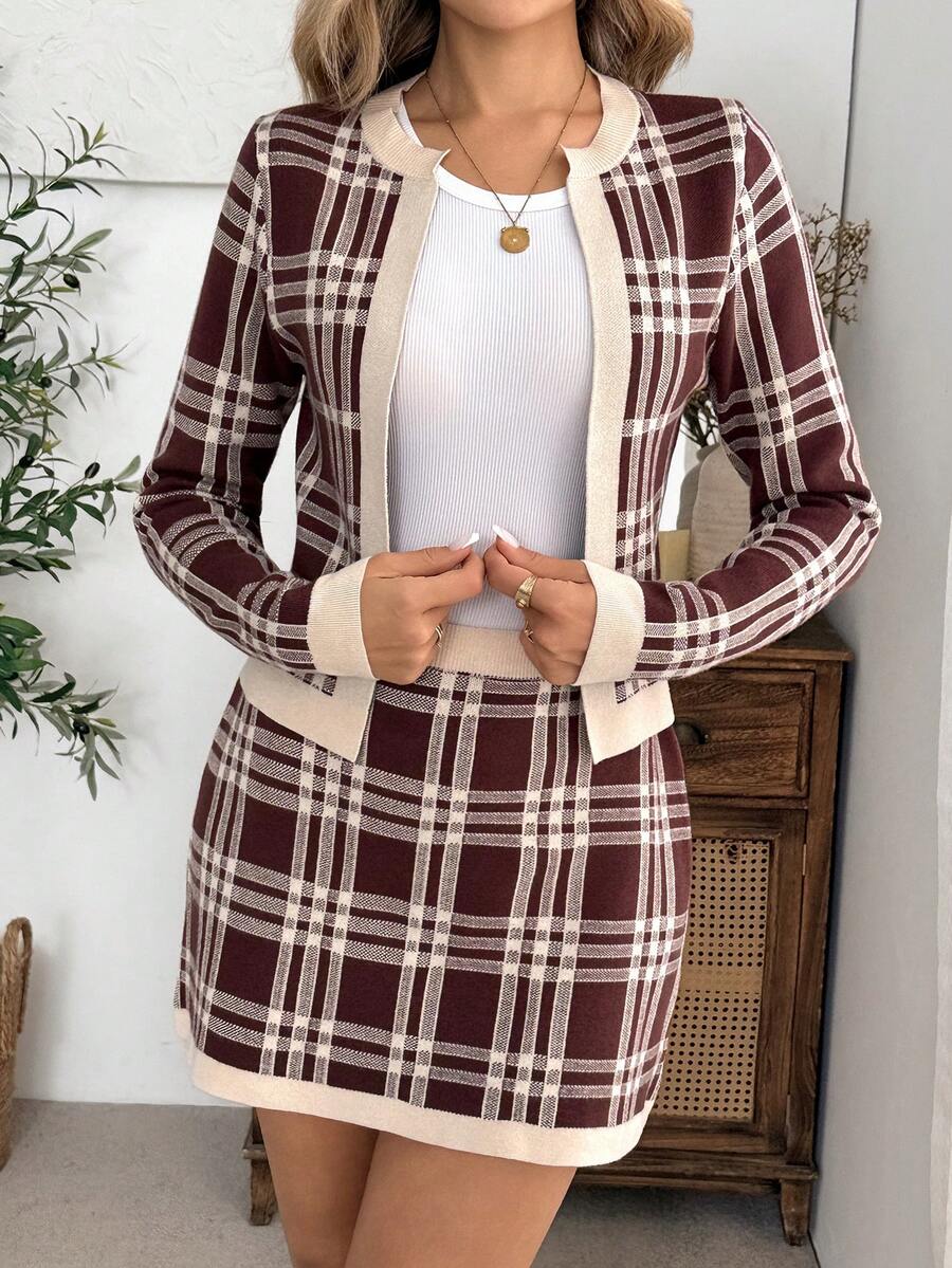 EMERY ROSE Women's Casual Elegant Plaid Cardigan & Knit Skirt Set - Multicolor - View 1