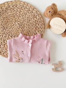SHEIN 新生女嬰花卉刺繡長袖荷葉邊可愛針織開襟衫 - 淺粉色 - 查看 4