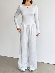 SHEIN Tall 女款秋季休閒長袖上衣與長褲兩件套 - 灰色 - 查看 5