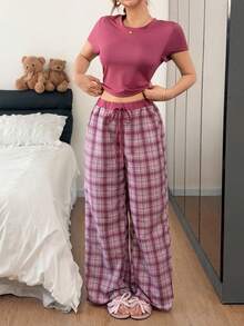 Napfluff 休閒居家與街頭風格格紋針織短袖女款睡衣長褲套裝 - 淡紫色 - 查看 3