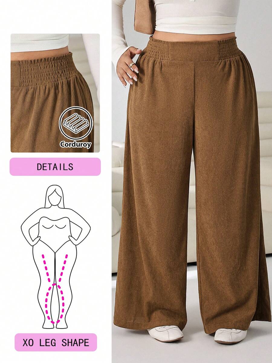 Solflare Plus Size Women's Solid Color Elastic Waist Wide Leg Loose Long Pants - Brown - View 1