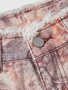 ROMWE Y2K Vintage Hot Girl Cashew Flower Paisley Retro Pattern Print Frayed Hem Ultra Low Waist Mini Denim Shorts - Brown - View 3