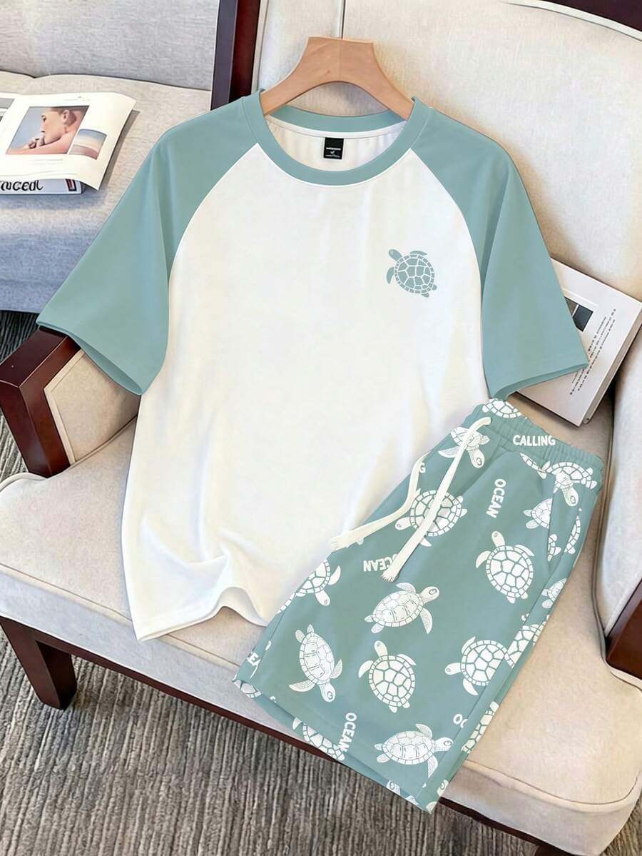 Daypath 男士海龜圖案短袖上衣與短褲休閒居家服套裝 - 綠色 - 查看 1
