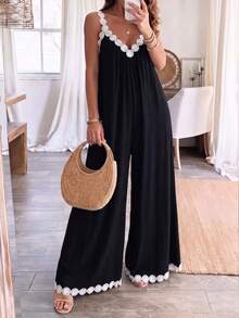 EMERY ROSE Plus Size Summer Fashion Lace V-Neck Loose Cool Jumpsuit Vacation Style Casual Jumpsuit - Black - View 3