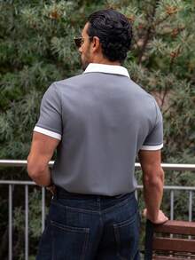 YOUESAWY YOUESAWY 男士對比飾邊四分之一拉鍊 Polo 衫，正式款 - 灰色 - 查看 2