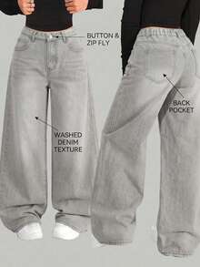 SHEIN Teen Girl Fashion Versatile Button Pocket Loose Fit Jeans - Light Grey - View 3