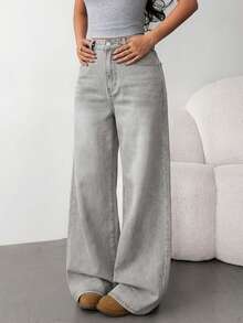 SHEIN Teen Girl Fashion Versatile Button Pocket Loose Fit Jeans - Light Grey - View 9