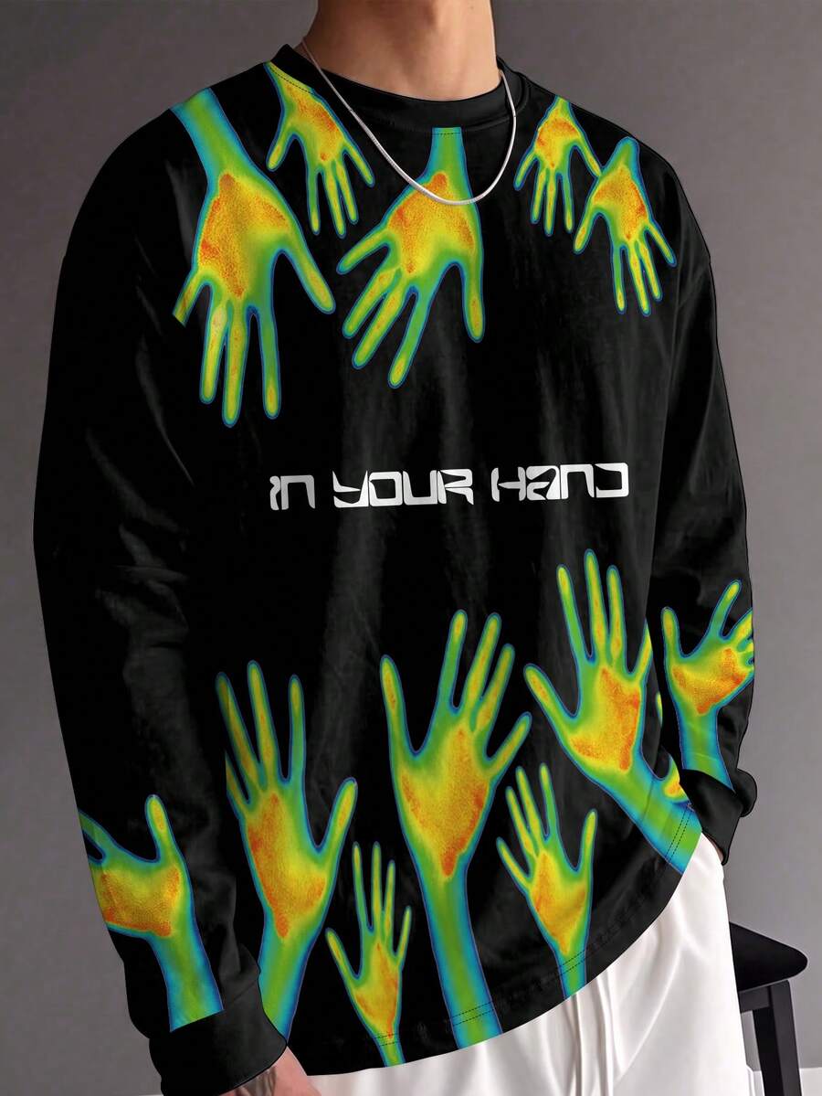 Gym Rark Men's Neon Hand Print Long Sleeve Sports T-Shirt, Gym - Multicolor - View 1