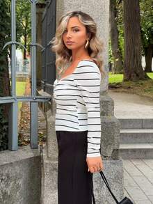 Jeta Ari Knot Front Rib-Knit Striped Tee Casual - White - View 4