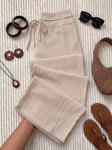 Comfortcana Spring/Summer Solid Color Waist Tie Vacation Casual Plus Size Women's Wide Leg Long Pants Fall - Khaki - View 8