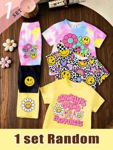 (Random 3 Sets, Send 1 Set) Summer Baby Girl Cartoon Face Flower Heart Star Rainbow Leopard Print Basic Short T-Shirt And Biker Shorts Set - Multicolor - View 1
