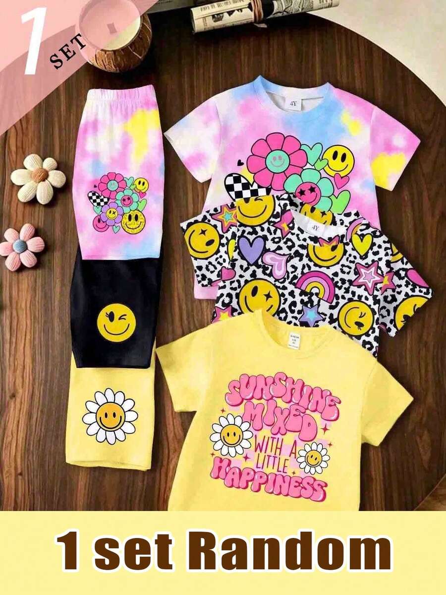 (Random 3 Sets, Send 1 Set) Summer Baby Girl Cartoon Face Flower Heart Star Rainbow Leopard Print Basic Short T-Shirt And Biker Shorts Set - Multicolor - View 1