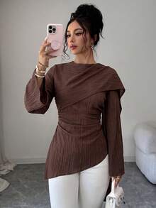 Elenzga ملابس علوية نسائية بنية داكنة مجعدة ملفوفة، تصميم حافة غير متماثلة وأكمام جرس طويلة جداً، مناسبة للتنقل والمواعدة كملابس علوية كاجوال أنيقة للخريف/الشتاء - قهوة بني - مشاهدة 6