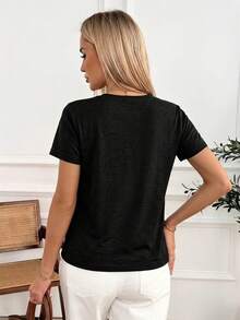 Easowa Solid Button Detail Tee,Casual - Black - View 2