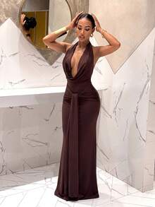 Slaydiva Halter Neck Draped Tie Ruched Slim Fit Brown Mermaid Long Party Dress - A - Brown - View 8