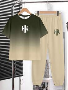 Tween Boy Casual Comfortable Fashion Minimalist Crew Neck Short Sleeve T-Shirt And Long Pants Set, Classic Cool Gradient Color Pattern Print, Cool Sports Logo Graphic Print, Suitable For Spring/Summer, Back To School Season - White - View 3