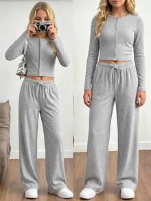 Autumn/Winter Gentle Gray Ribbed Knit 2 Pieces Set For Girls, Slim Fit Short Single-Breasted Round Neck Long Sleeve Top And High-Waist Drawstring Draped Wide Leg Pants, Casual Versatile - Grey - View 3
