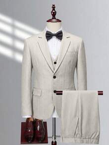 Manfinity Bizformal 男士紳士簡約修身單排扣商務三件套西裝，包含西裝外套、背心與長褲套裝，適用於婚禮、派對、度假、旅行、正式場合與典禮 - 杏色 - 查看 6