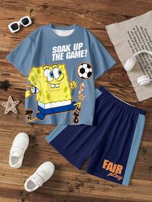 SpongeBob SquarePants | SHEIN 小男孩卡通印花圓領短袖T恤與對比色短褲套裝 - 白色 - 查看 1