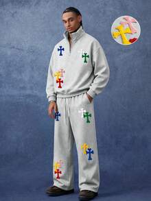 PAVTROS Men's Cross Embroidery Pullover Sweatshirt & Sweatpants Set - Grey - View 1