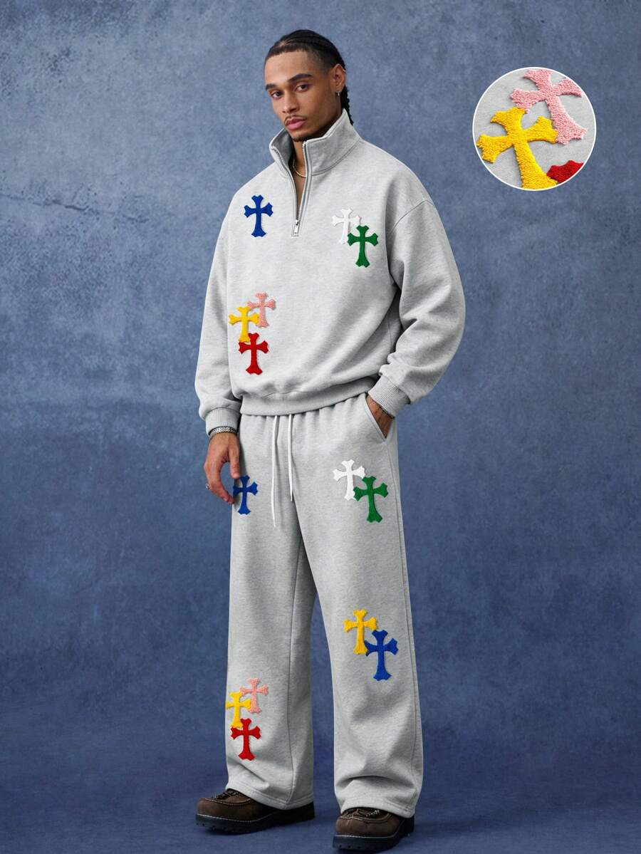 PAVTROS Men's Cross Embroidery Pullover Sweatshirt & Sweatpants Set - Grey - View 1