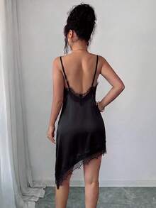 Rafferiza 女款優雅蕾絲拼接緞面細肩帶洋裝，適合度假與約會穿著 - 黑色 - 查看 2
