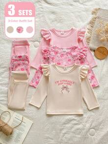 SHEIN Vintaside Kids 3件套 8月新款女嬰長袖上衣與長褲套裝，適用6個月至3歲，甜美可愛羅紋針織荷葉袖荷碼飾邊上衣，純粉色花卉簡約字母蝴蝶結印花內搭褲，嬰兒與幼兒秋季休閒超值組合套裝 - 彩色 - 查看 3