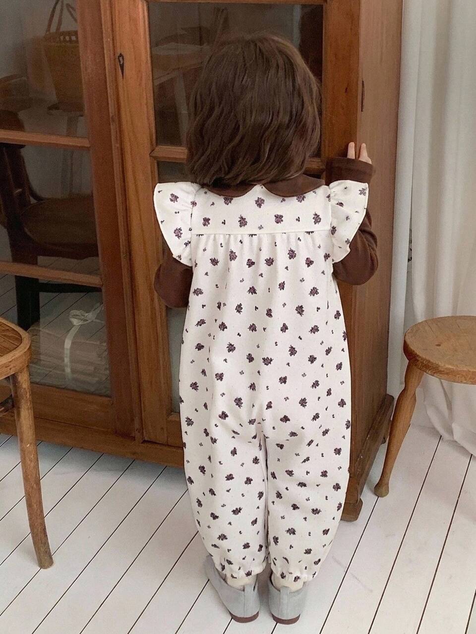 Baby Girls Round Neck Ruffle Trim All-Over Floral Print Jumpsuit Toddler