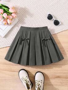Young Girl Fashionable Versatile Woven Solid Color Pleated Fitted Casual Skirt - Grey - View 2