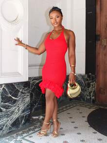 Steph T Vestido mini rojo de punto con volantes, espalda descubierta y escote halter para vacaciones - Rojo - Ver 6