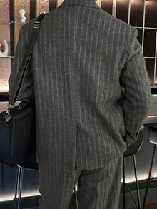 DAZY Dark Gray Base With White Stripes Commuter Top With Back Slit Design Men's Suit Set - Grey - View 2