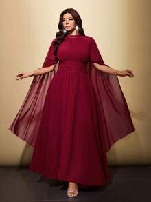 Viva Relle Plus Size Elegant Flared Dress With Cinching Waist - Burgundy - View 7