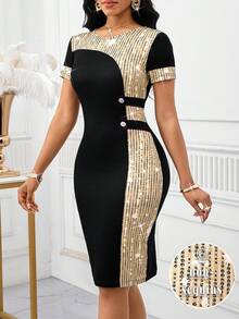 SHEIN Lady Women's Patchwork Sequin Contrast Color Round Neck Short Sleeve Fitted Elegant Mid-Length Dress - Multicolor - View 1