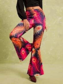 LOTSLUV Women's Early Summer Commute Party Vacation, Multicolor Base With Feather Pattern, Knitted Slim Fit Wide Leg Pants Boho 70s,Women's Pants - Multicolor - View 3
