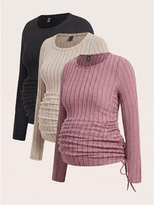 Modmama Maternity Casual Baggy Smart Versatile Solid Color Side Drawstring T-Shirt Winter Formal Vacation Photoshoot Black Grey Lilac - Apricot - View 3