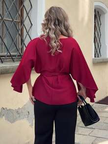 Jeta Ari Women's French Style Round Neck Batwing Sleeve Waist Tie Shiny Red Blouse, Spring/Summer - Burgundy - View 2