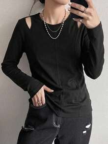 FRIFUL Women's Summer Spring Solid Color Slim Fit Flattering Versatile Short Sleeve T-Shirt - Black - View 4
