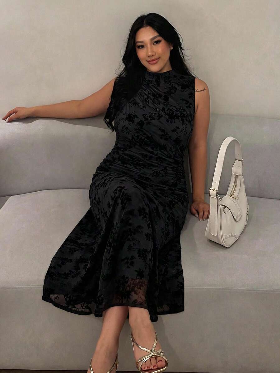 Firerie Plus Size Spring/Summer New Stand Collar Sleeveless Pleated Flared Hem Elegant Romantic Date Tea Party Cocktail Graduation Dress Casual Commute Stretch Ruched Women's Sleeveless Dress