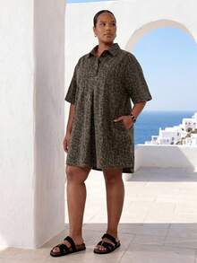 ELLERISSA Plus Size Multicolor Leopard Print Collared Short Sleeve Chest Pocket Denim Swing Dress - Multicolor - View 3