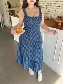 SHEIN MOD 大尺碼女款優雅夏季牛仔洋裝，百搭可愛，適合度假、奢華風、秋冬通勤，藍色洋裝，適用夏季、度假、派對、約會 - 藍色 - 查看 7