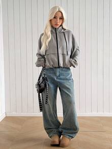 SHEIN EZwear 女款休閒百搭格紋高領連帽夾克，標準版型復古學院運動風 - 摩卡棕 - 查看 4