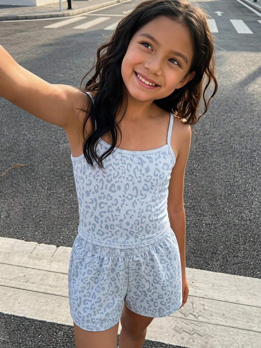Tween Girls 2pcs/Set Fresh Pink Leopard Print Slim Fit Camisole & Shorts & Cool Outfit, Cute, Casual, Knit, Minimalist, Back To School,Leopard Print