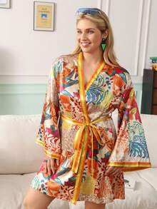 Chillnights Bata de satén de talla grande con estampado de rayas y bloques de color con patrón de tigre - Amarillo - Ver 4