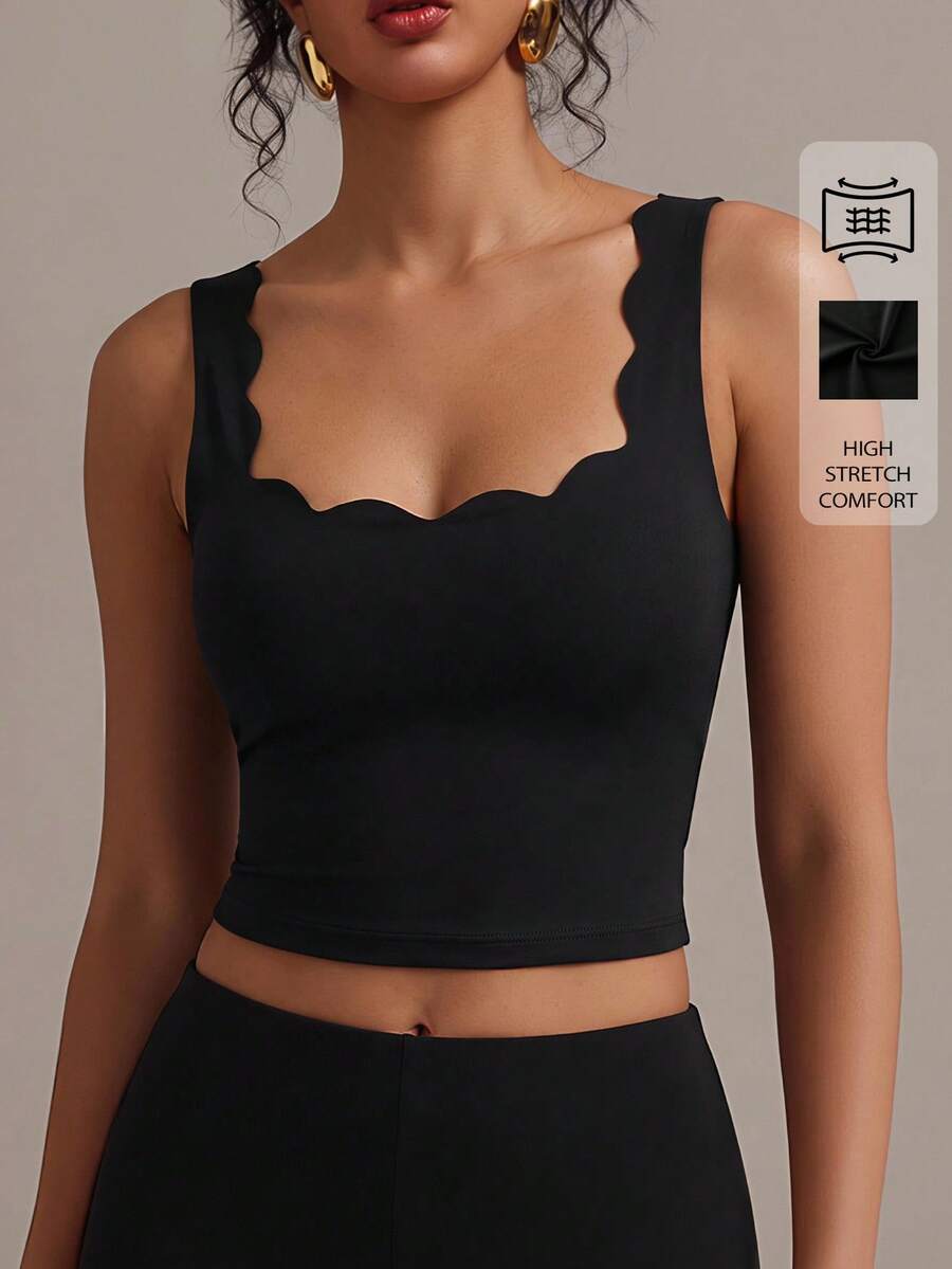 SHEIN BASICS ملابس علوية قصيرة نسائية بلون أسود سادة، كاجوال رياضية محتشمة متعددة الاستخدامات للارتداء اليومي والعمل والجيم والتمارين الصيفية - الأسود - مشاهدة 1