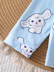 幼女 2件組可愛卡通小狗印花睡衣套裝，藍色長袖前開扣翻領上衣與鬆緊腰長褲，秋冬居家睡衣 - 藍色 - 查看 3