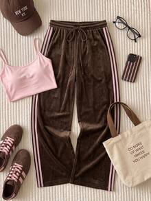Comfortcana Autumn/Winter Black & White Striped Casual Versatile Drawstring Plus Size Pants Fall - Brown - View 5