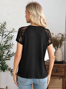 EMERY ROSE Women's Contrast Lace Insert Short Sleeve Button Half Placket Casual T-Shirt - Black - View 2