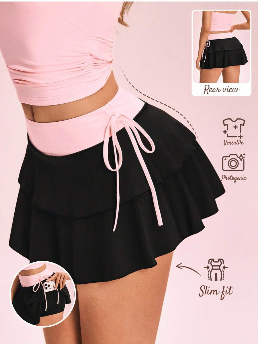 SHEIN Sovereign Charm 女款拼色綁帶荷葉邊下擺口袋運動裙褲 - 彩色 - 查看 1