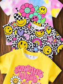 SHEIN Elladie kids 女童 6 件套時尚休閒套裝，包含紮染臉孔、豹紋臉孔、彩虹愛心與花卉臉孔字母印花短袖上衣、臉孔印花短褲，柔軟舒適，適合夏季外出穿著 - 彩色 - 查看 4