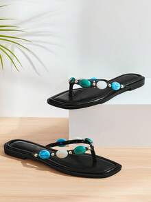 SHUZIA #BohoGem Women's Square Toe Cushioned Insole Multi Faux Agate Stone Fine PU Black Toe Post Flat Slide– Casual, Lightweight & Summer-Ready - Black - View 6